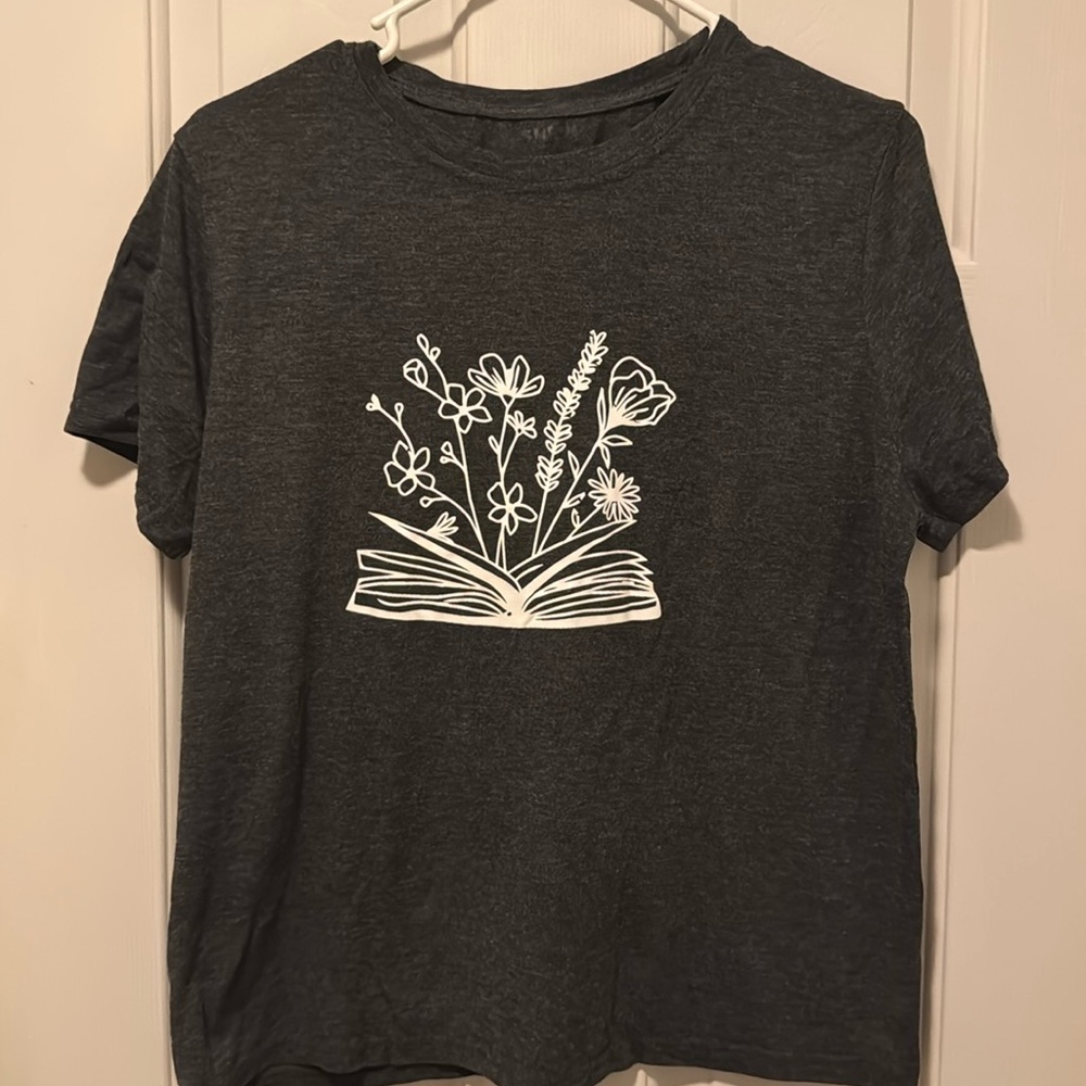 SHEIN t-shirt, size large, color dark grey with book and floral print.